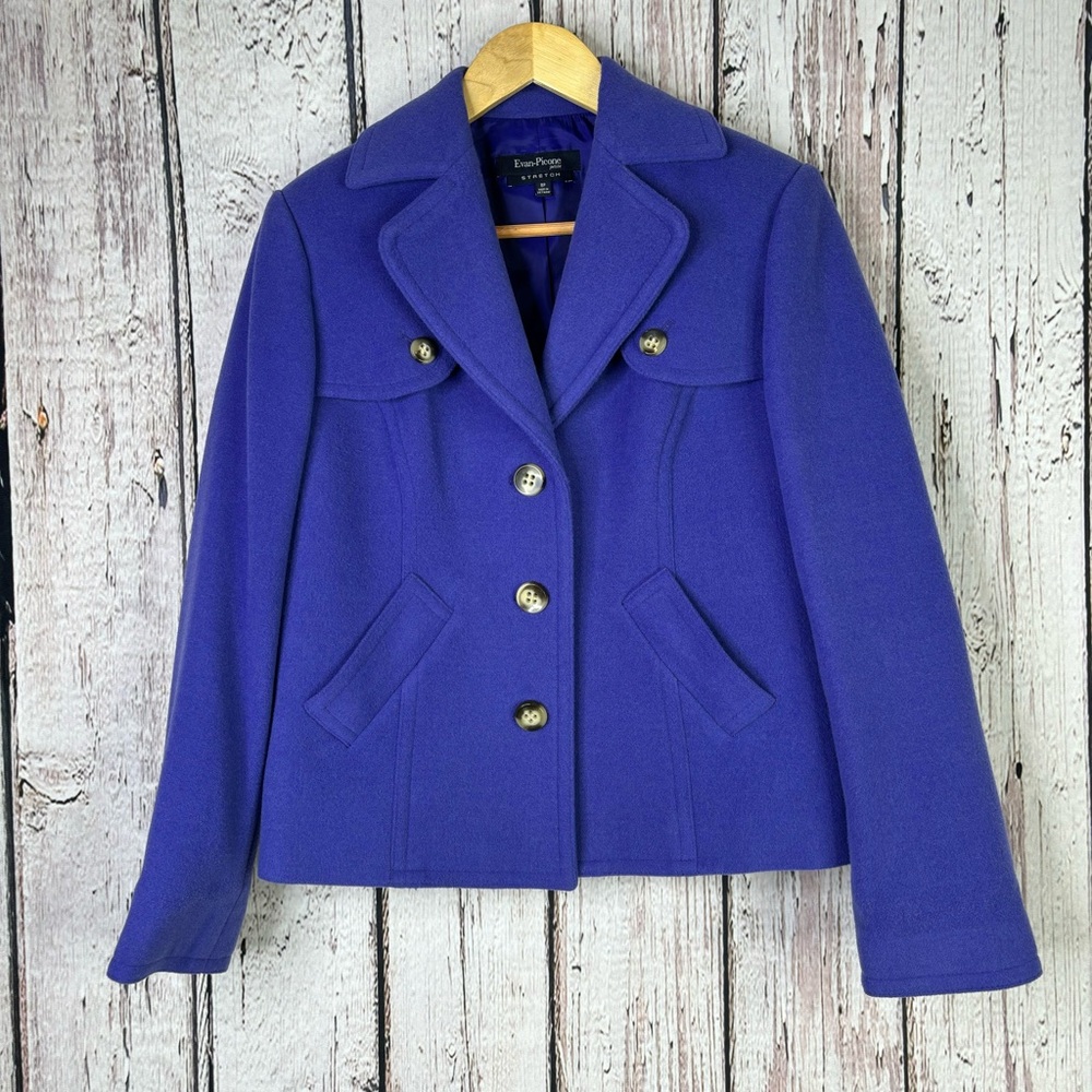 Evan Picone Purple Peacoat Size 8P Petite Fully Lined Polyester Blend Button Up
